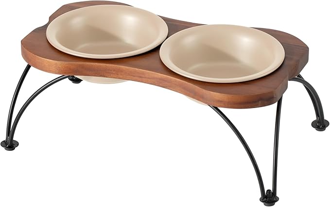 Ceramic 6.3-inch Raised Double-Bowl Set with Non-Slip Stand, Food & Water Dishes for Small and Medium Dogs, Wide Opening with Rounded Edges(Oat Beige)