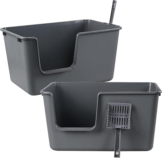 Gloreen 2-Pack Plastic High Sides Cat Litter Box, Open Top Cat Litter Box with Scoop, Grey