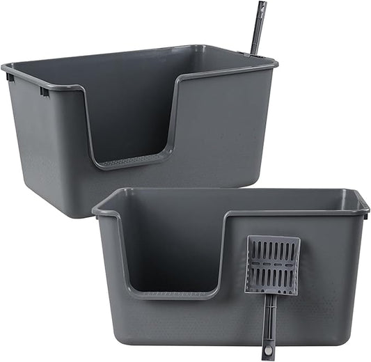 Gloreen 2-Pack Plastic High Sides Cat Litter Box, Open Top Cat Litter Box with Scoop, Grey