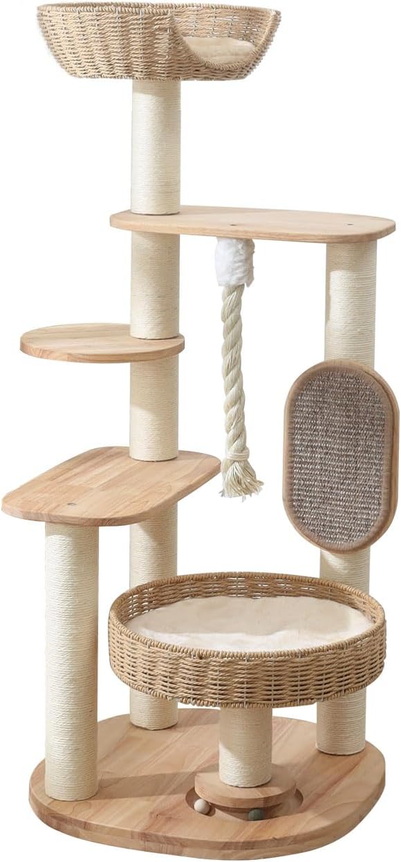 Wooden Cat Tree for Large Cat, 49.6-Inch Tall Cat Tower with Scratching Post for Indoor Cats, Multi-Level Cat Condo with Hand-Woven Cat Bed and Scratching Board Easy to Clean