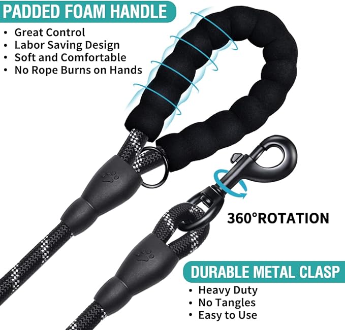 COOYOO 2 Pack Dog Leash 5 FT Heavy Duty - Comfortable Padded Handle - Reflective Dog Leash for Medium Large Dogs with Collapsible Pet Bowl