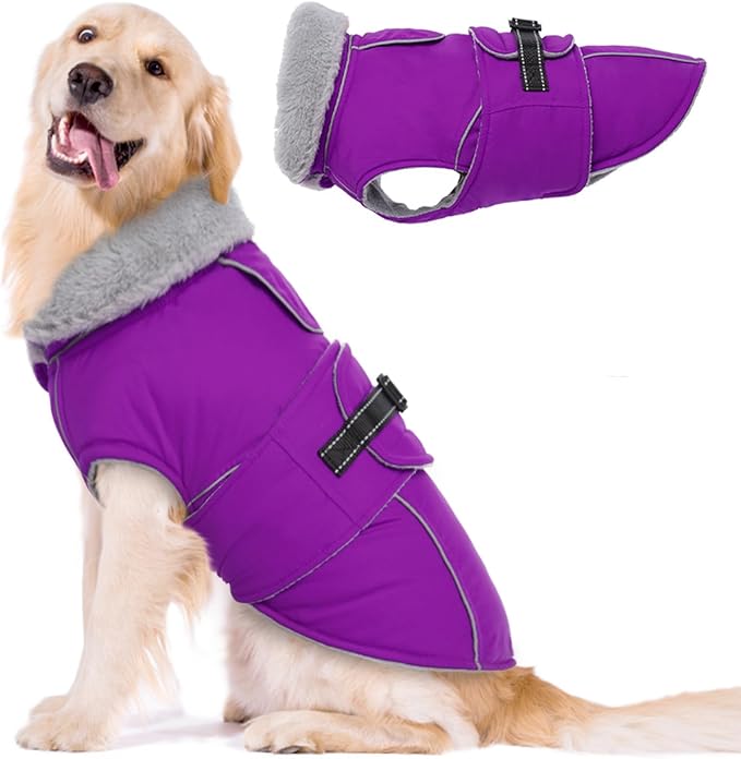 Lelepet Warm Dog Coat Reflective Fleece Vest Waterproof Dog Jacket with Adjustable Buckle Hook & Loop Windproof Cold Weather Coats for Small Medium Large Dogs, Purple, XXL