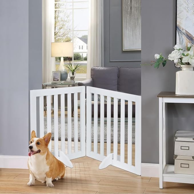 unipaws 24”H Free Standing Pet Gate for Dog Cat, Wooden Dog Gates for Doorway, Stairs, Step Over Foldable Pet Fence for The House, Expandable Doggy Barrier, Indoor Use, White