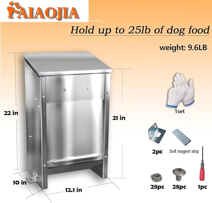 Pet Food Feeder for 25 Lb Kibble - Stainless Steel - Automatic Dog Food Dispenser Gravity Self Feeding Outdoor for Medium Dogs,Large Dog Breeds