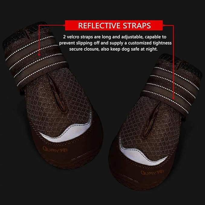 QUMY 4PCS Dog Boots for Large Dogs, Medium Dog Shoes & Paw Protectors for Hot Pavement, Summer Heat Protection, Mesh Breathable Nonslip Dog Booties for Hardfloors, Walking Running Hiking Khaki Size 5