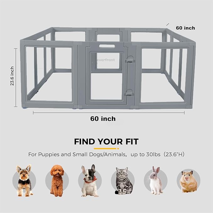 Clear Dog Play Pen - Easy Assemble Durable Plastic Acrylic Dog Playpen - Dog Playpen Indoor, Puppy Playpen, Cat Playpen, Small Animal Playpen, Dog Play Pen Indoors (Grey, 23.6" H, 12PCS)
