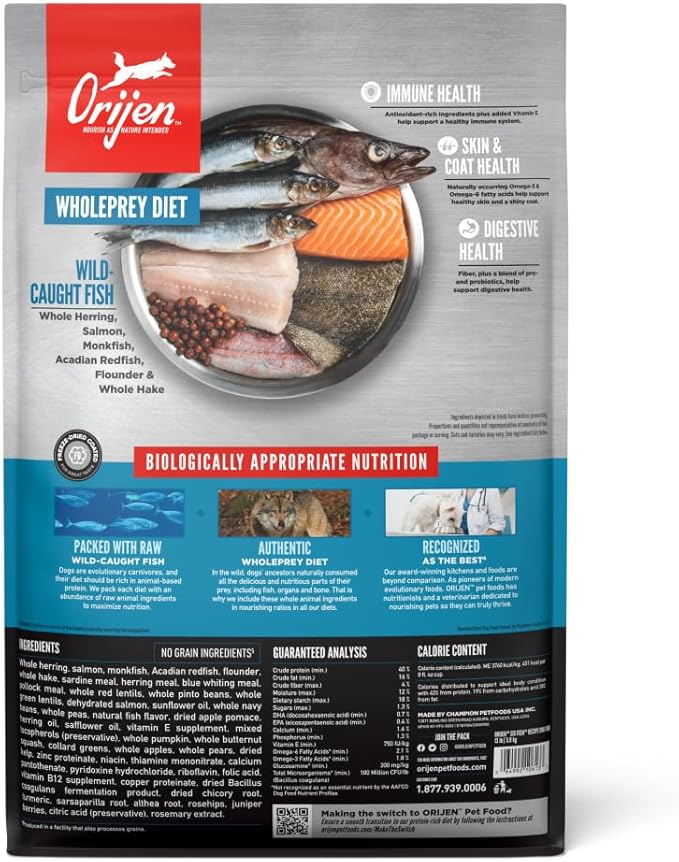 ORIJEN Grain Free Poultry Free High Protein Dry Dog Food Six Fish Recipe 13lb Bag