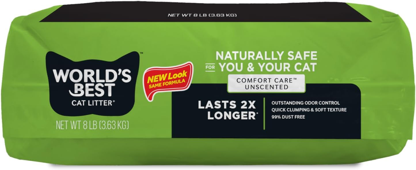 WORLD'S BEST CAT LITTER Comfort Care Unscented, 8-Pounds - Natural Ingredients, Quick Clumping, Flushable, 99% Dust Free & Made in USA - Long-Lasting Odor Control & Easy Scooping