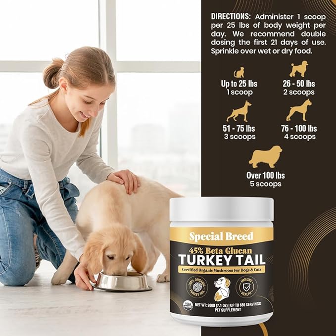 Organic Turkey Tail Mushroom for Dogs & Cats - Hot Water Extracted 45% Beta-Glucan USDA Mushroom Powder for Immune Support, Gut Health, Holistic Defense - No Fillers, Made in The USA - 660 Scoops