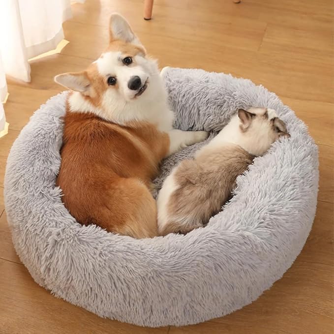 Original Calming Donut Dog and Cat Bed in Shag Fur, Dog Beds for Melium Dogs, Anti Anxiety Round Fluffy Plush Faux Fur Pet Bed (Light Grey, 31×31)
