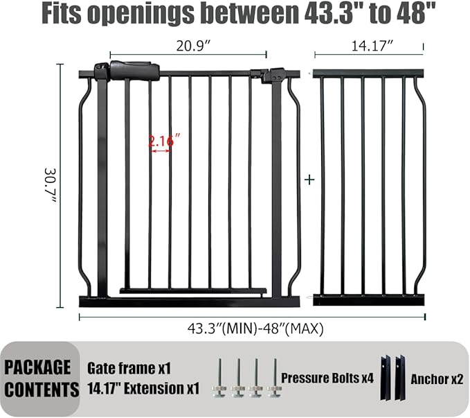 Extra Wide Baby Gate - 43.3-48 Inch Tension Mounted Safety Child & Pet Gate - Black Metal - Walk Through - Long - for House Doorways & Stairs, 30 Inch Tall
