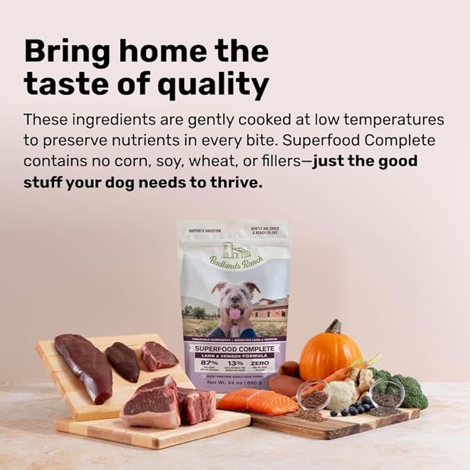 BADLANDS RANCH by Katherine Heigl- Superfood Complete, Air-Dried Adult Dog Food - High Protein, Zero Fillers, Superfood Nutrition (64 Ounce (Pack of 2), Lamb & Venison)