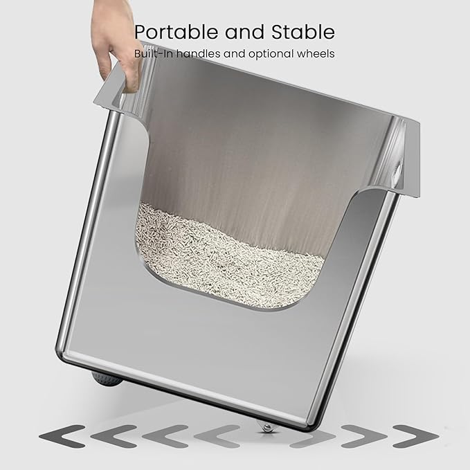 Stainless Steel Litter Box 11.8'' High Sides, XL Metal Cat Litter Box with Curved Low Entry, Cat Litter Pan for Big & Multiple Cats, Pet Toliet with Handy Wheels for Easy Moving