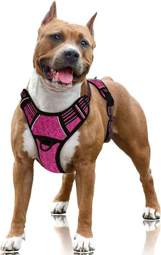 BARKBAY No Pull Dog Harness Large Reflective Dog Harness with Front Clip and Easy Control Handle for Walking Training Running with ID tag Pocket(Pink/Black,L)