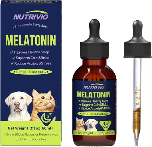 Liquid Melatonin for Dogs Melatonin Drops for Dogs & Cats,Dog Sleep Aid,Calming for Dogs Reduce Cat Stress Restful Sleep Formula with Vitamin B/D/C Bacon Flavor 2 fl oz (60 mL)