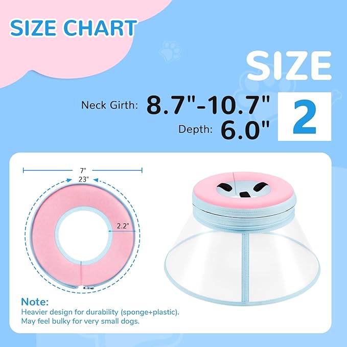 Sponge Core Dog Cone, Inflatable Dog Cone Collar Alternative, Dogs Donut Collar After Surgery, Soft Cone for Large Medium Small Dogs to Stop Licking, No Inflation Required, Clear View(Size 2, Pink)