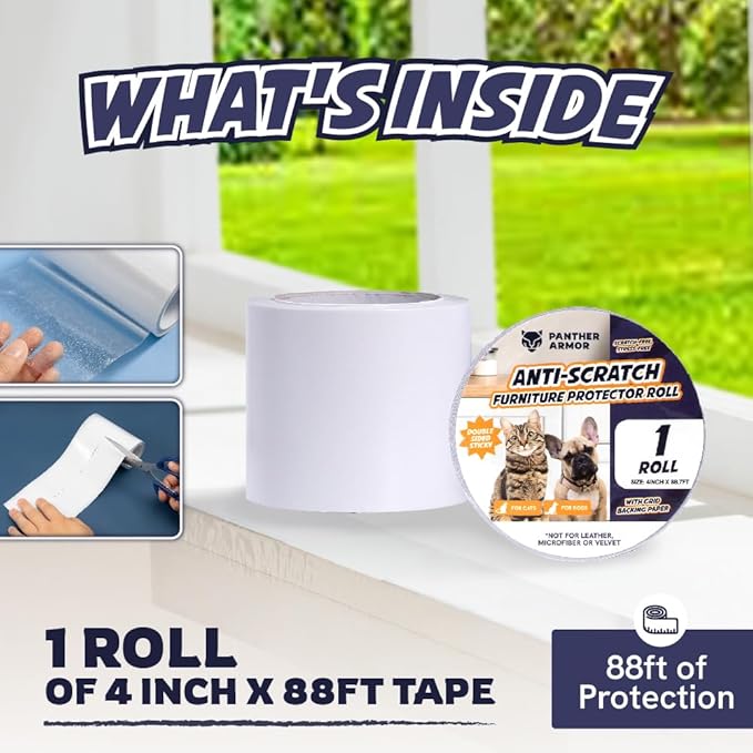 Extra Long Roll Cat Scratch Furniture Protector Tape – Single-Sided Anti-Scratch Furniture Guard (88 ft) – Clear, Flexible & Easy to Cut – Not for Leather, Velvet, Microfiber