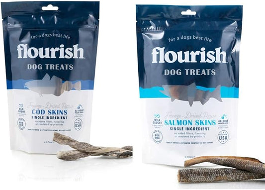 Flourish Pets Freeze Dried Raw Pet Treats for Dogs (Cod Skins & Salmon Skins, 2-Pack)