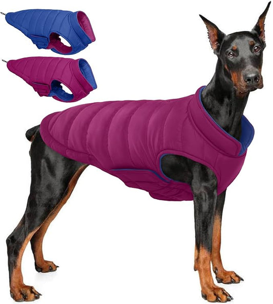 QBLEEV Reversible Dog Winter Coat, Warm Snowproof Dog Puffer Jacket for Large Dogs Cold Weather, Windproof Lightweight Padded Vest Snowsuit, 2-in-1 Adjustable Outdoor Clothes for Boxer, Violet, XXL