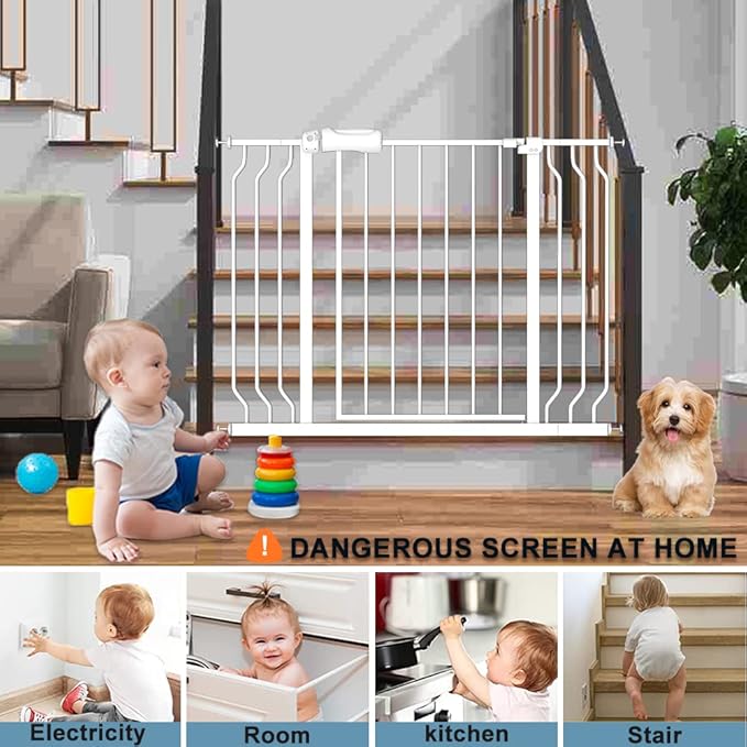 White Extra Wide Baby Gate 53-57.5 inch for Doorways Stairs Pressure Mount Baby Gate Automatic Close Child Dog Pet Safety Toddler Gates with Extensions