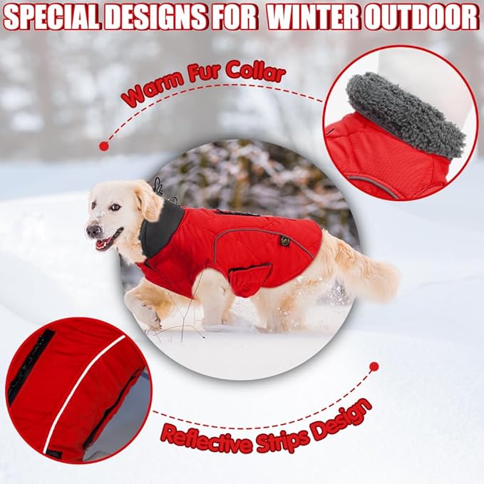 EMUST Winter Coat for Large Dogs, Windproof Dog Jacket for Cold Weather, Extra Warm Dog Winter Clothes for Small Medium Large Dogs, Red, XXL