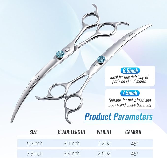 Fenice Professional Grooming Curved Shear: 45 Degree Super Curves Scissors for Dogs 7.5" Big Arc Curved Shears Made Of Japanese 440C Stainless Steel
