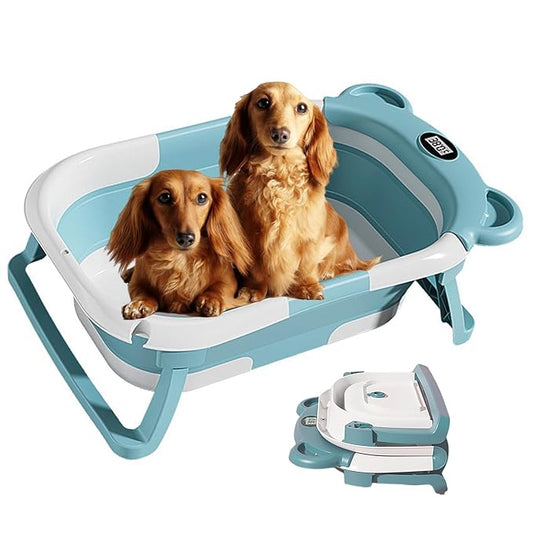Collapsible Dog Bathtub with Thermometer, Suitable for Dogs and Cats - Portable and Foldable Dog Bathtub with Drain Plug - Space-Saving Dog Bathing Basin and Multi-Purpose Laundry/Storage Basket