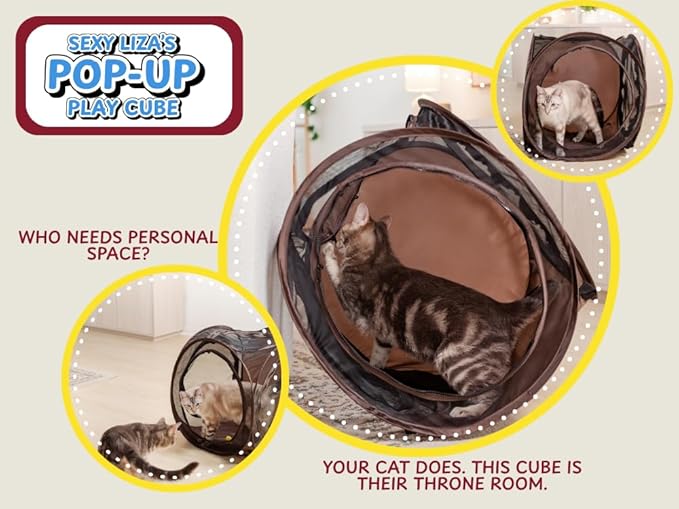 Sexy Liza’s Pop Up Tent Cat Cube - 24x22x20” Play Tent w/ 14” Hole - Connects with Snarky Pets Timmy & Mister’s Tunnel - Outdoor Cat Tent, Play Pen, Zip Connect, Outdoor cat House or Small Dog Bed