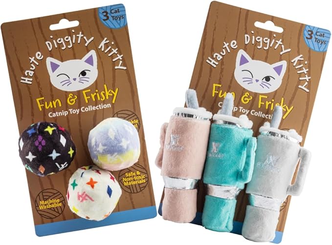 Vuiton Monogram Balls + Snuggly Cups Set, Plush Cat Toys Catnip Filled with Interactive Crackle Sound, Safe & Durable Toys for Cat & Kitten, 6 Pcs