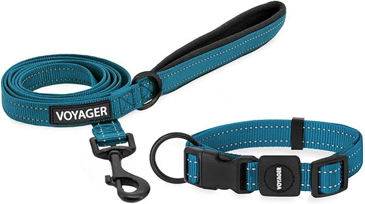 Voyager Reflective Dog Leash Collar Set with Neoprene Handle Supports Small, Medium, and Large Breed Puppies, Cute and Heavy Duty for Walking, Running, and Training - Turquoise, S