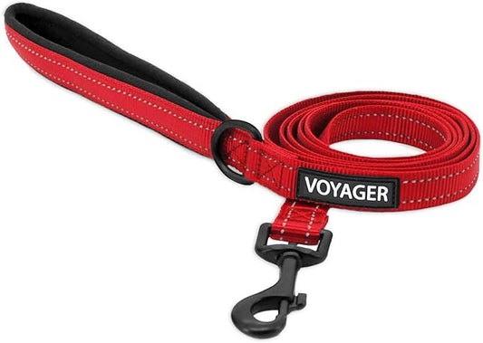Voyager Reflective Dog Leash with Neoprene Handle, 5ft Long, Supports Small, Medium, and Large Breed Puppies, Cute and Heavy Duty for Walking, Running, and Training - Red (Leash), L