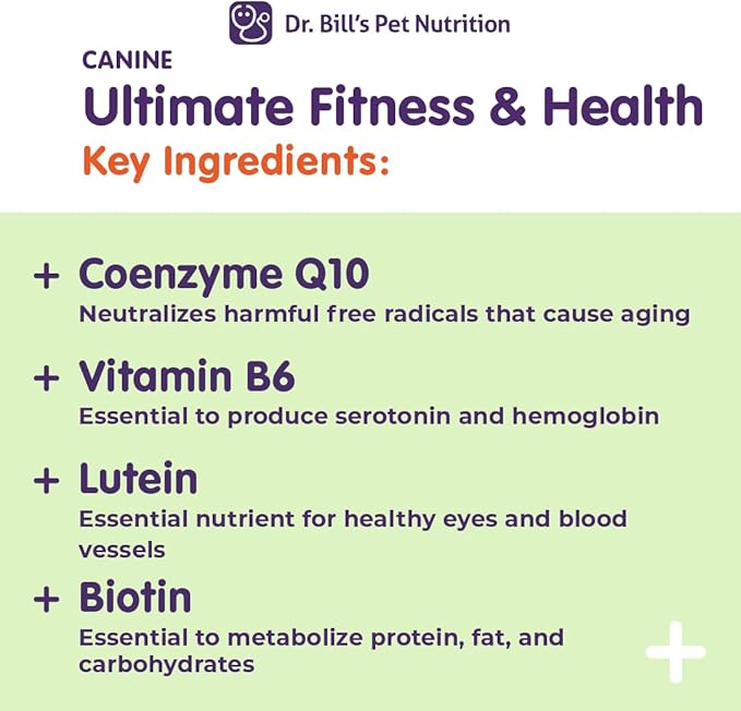 Dr. Bill’s Canine Ultimate Fitness & Health Vitamins for Dogs | Multivitamin for Dogs w/Coenzyme Q-10, Vitamin E, Vitamin D-3, Biotin, Folic Acid, Hyaluronic Acid Dog Vitamins and Supplements 340g