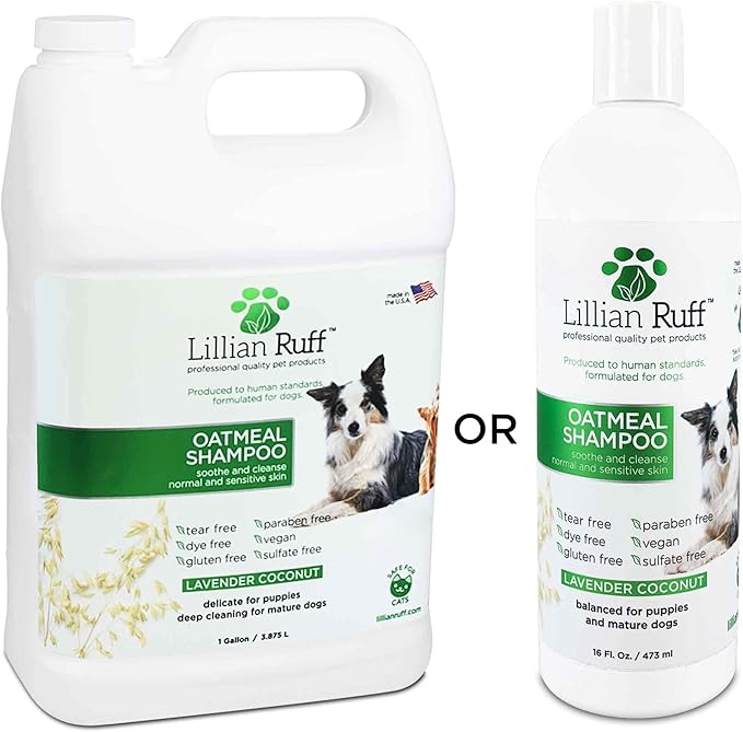Lillian Ruff PRO Formula Deodorizing Oatmeal Dog Shampoo - Calms Itching & Allergies, Ultra-Nourishing Dry Skin Relief - Oatmeal, Aloe, Coconut Oil, Lavender & Provitamin B5 - Made in USA (Gallon)