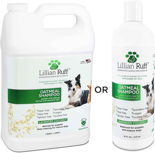 Lillian Ruff PRO Formula Deodorizing Oatmeal Dog Shampoo - Calms Itching & Allergies, Ultra-Nourishing Dry Skin Relief - Oatmeal, Aloe, Coconut Oil, Lavender & Provitamin B5 - Made in USA (Gallon)