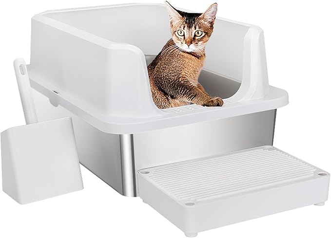 RIZZARI Large Stainless Steel Cat Litter Box: White Open Top Leak-Proof Large Cat Pan - Odor Control for Multi-Cat Homes - Living Room Balcony Use