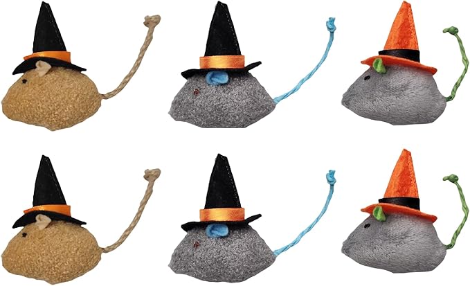 6 Packs Cat Toys Interactive Toy Witch Magic Hat Costume Plush Mouse Shaped Catnip Toys