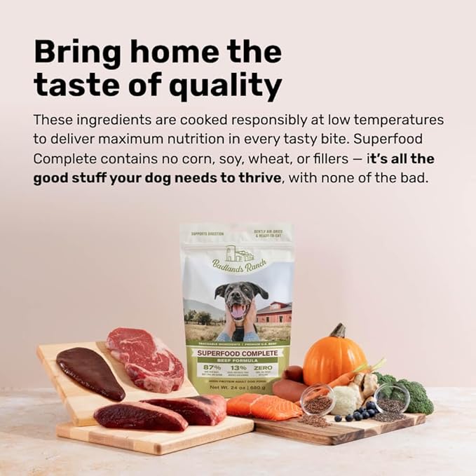 BADLANDS RANCH by Katherine Heigl- Superfood Complete, Air-Dried Adult Dog Food - High Protein, Zero Fillers, Superfood Nutrition (64 Ounce (Pack of 2), Beef)