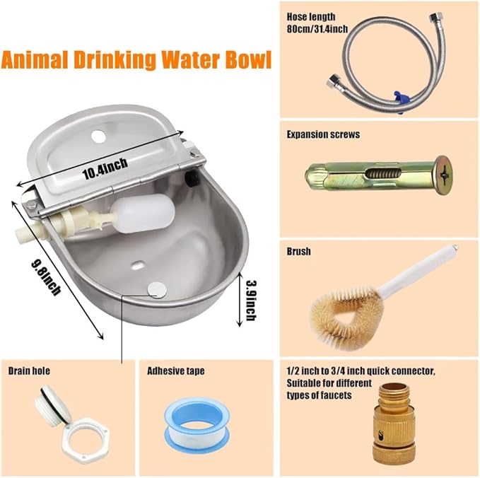 Automatic Animal Drinking Water Bowl with Float Valve and Drainage Hole, 304 Stainless Steel Livestock Dispenser Waterer Kits Included Water Hose, 3/4''Adaptor, Float Valves Mounting Bolts (1 Set)