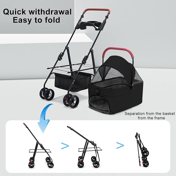 Pet Stroller-Folding 4 Wheels Cat/Dog Stroller for Medium Small Pets with Storage Basket and Cup Holder Suitable for Going Out and Traveling (Black)