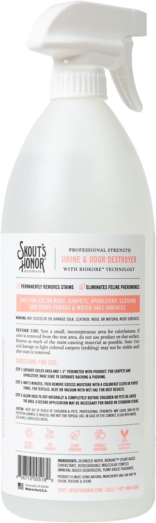 Skout's Honor Cat Urine & Odor Destroyer - Professional Strength, Plant-Powered, Cruelty-Free Urine Eliminator for Carpets and Indoor Living Spaces, 35 oz.