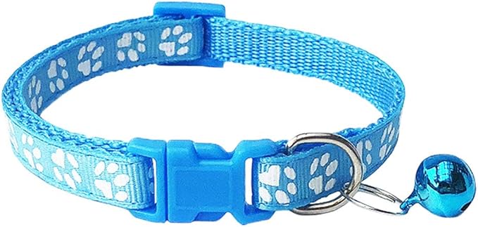 CHBORCHICEN 2-Pack Footprint & Reflective Cat Collar with Bell Basic Dog Cat Collar Buckle Adjustable Polyester Cat Dog Collar or Seatbelts (Small, Sky Blue)