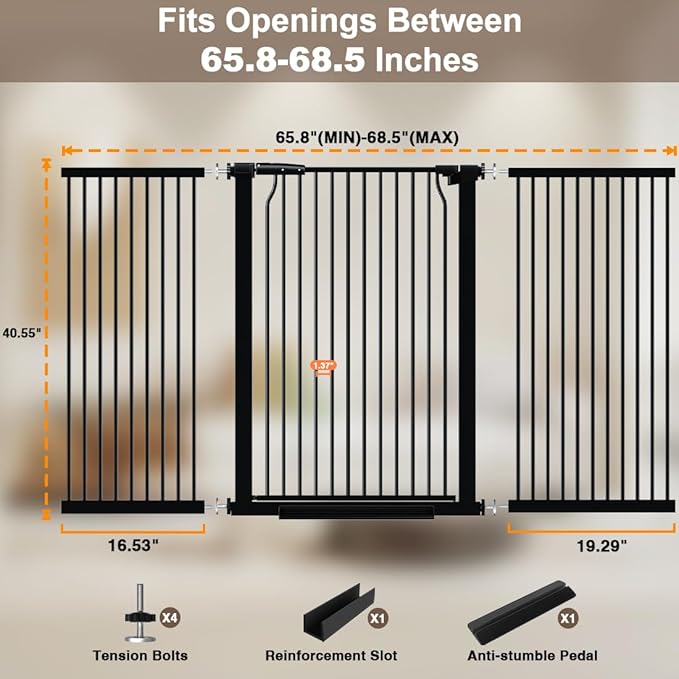 40.55" Extra Tall Dog Gate for Doorways & Stairs, 65.8-68.5" Extra Wide, Pressure Mounted, Auto Close, Black