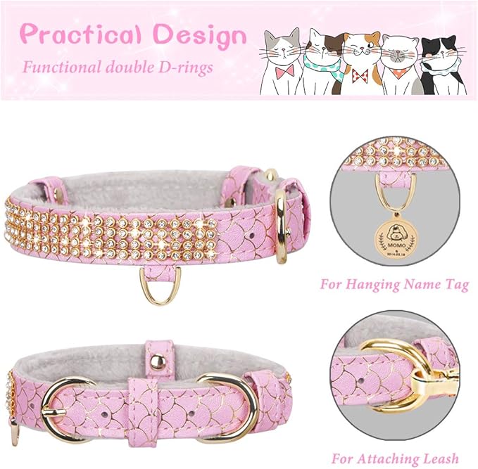 PetsHome Cat Collar, Dog Collar, [Bling Rhinestones] Premium PU Leather with Pendant Adjustable Collars for Cat and Small Dog Extra Small Pink
