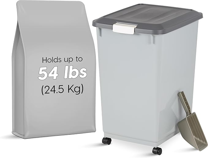 IRIS USA Dog Food Storage Container with Wheels, Airtight Lid, 2-Cup Scoop, Up to 54 Pounds Pet Food Storage, Built in Scoop Storage in Lid, Versatile Pet Food Bin, Portable, BPA Free, Gray/Dark Gray