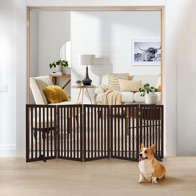 unipaws 36”H Free Standing Pet Gate for Dogs and Cats, Tall Wooden Dog Gates for Doorway, Stairs, Dog Room Divider, Foldable Pet Fence for The House, Expandable Barrier, Indoor Use, Espresso