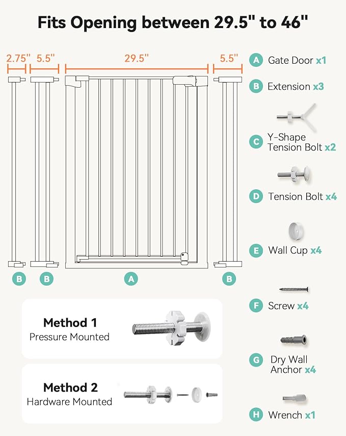 COMOMY 36" Extra Tall Baby Gate for Stairs Doorways, Fits Openings 29.5" to 46" Wide, Auto Close Extra Wide Dog Gate for House, Pressure Mounted Easy Walk Through Pet Gate with Door, White