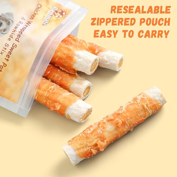 Dog Treats Large Breed, Chicken Wrapped Rawhide Sticks with Sweet Potato Sandwich, Rawhide Dog Chew Training Rewards Snacks for Small Medium Large Dogs, 6-7 Counts, 10.6oz