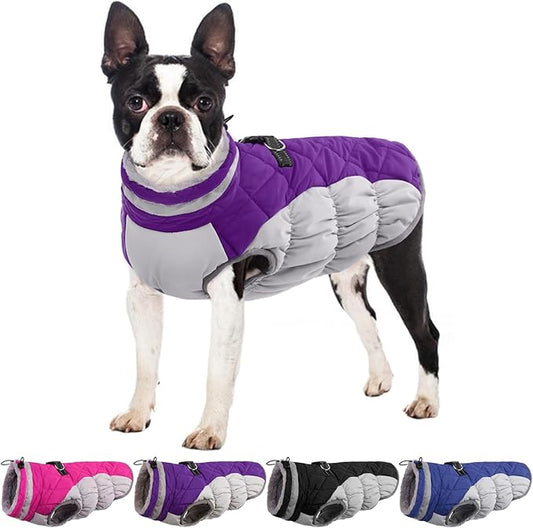 Winter Dog Coat,Large Dog Jacket,Waterproof Pet Jacket with Back Zipper,Pet Coat with Harness Built in,Warm Dogs Coat with Fleece Lined, Snow Jacket Clothes French Bulldog Shiba Inu,Purple,L
