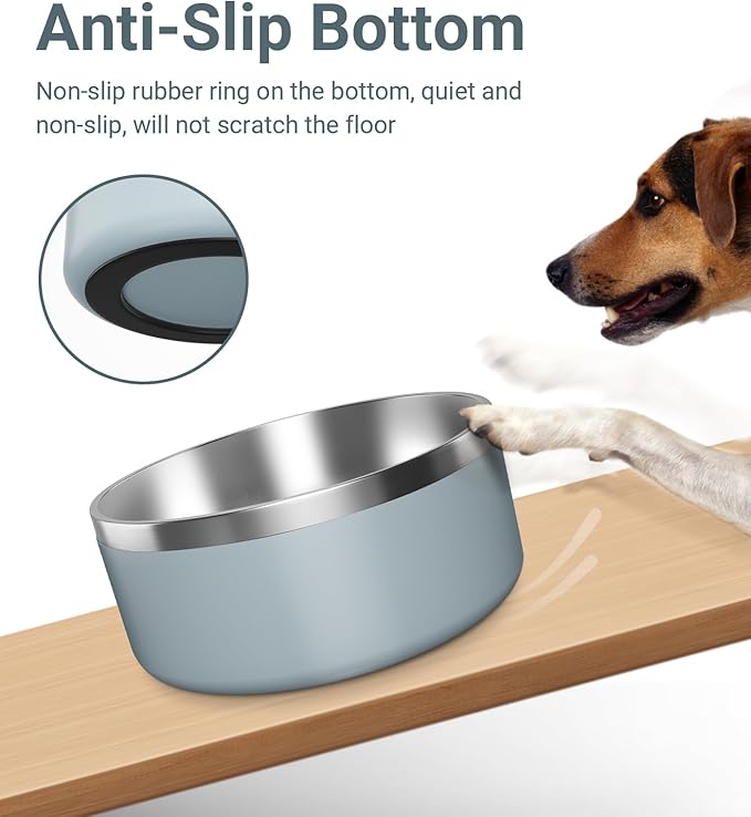 Dog Bowl, Stainless Steel Dog Food and Water Bowl with Non Slip Quiet Bottom, Easy to Clean, Dishwasher Safe, 64oz, Light Grey