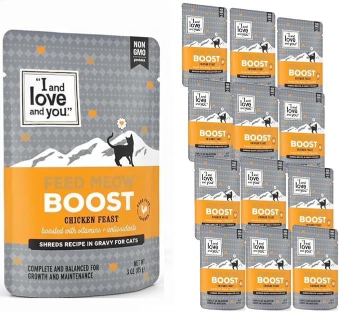 I and love and you Feed Meow Boost Wet Cat Food - Chicken - Antioxidants & Vitamins for Vitality, Grain Free, Shredded, 3oz Pack of 12